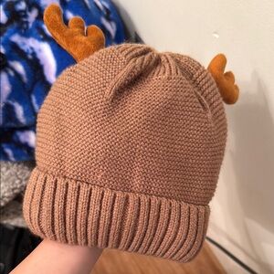 Brown Knit Kids Beanie with Antlers